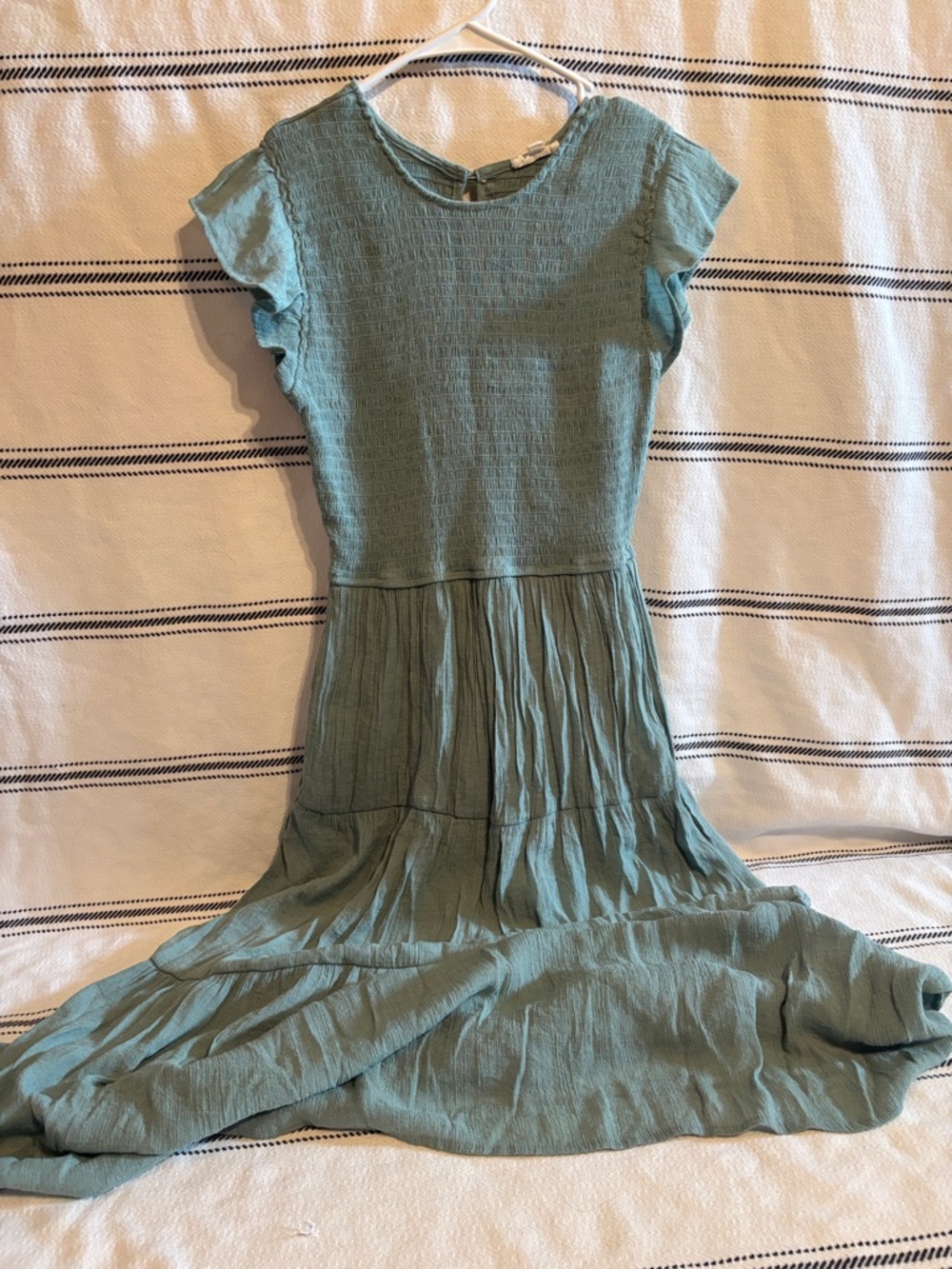 Blu Pepper Sage Green Textured Midi Dress with Ruffle Sleeves